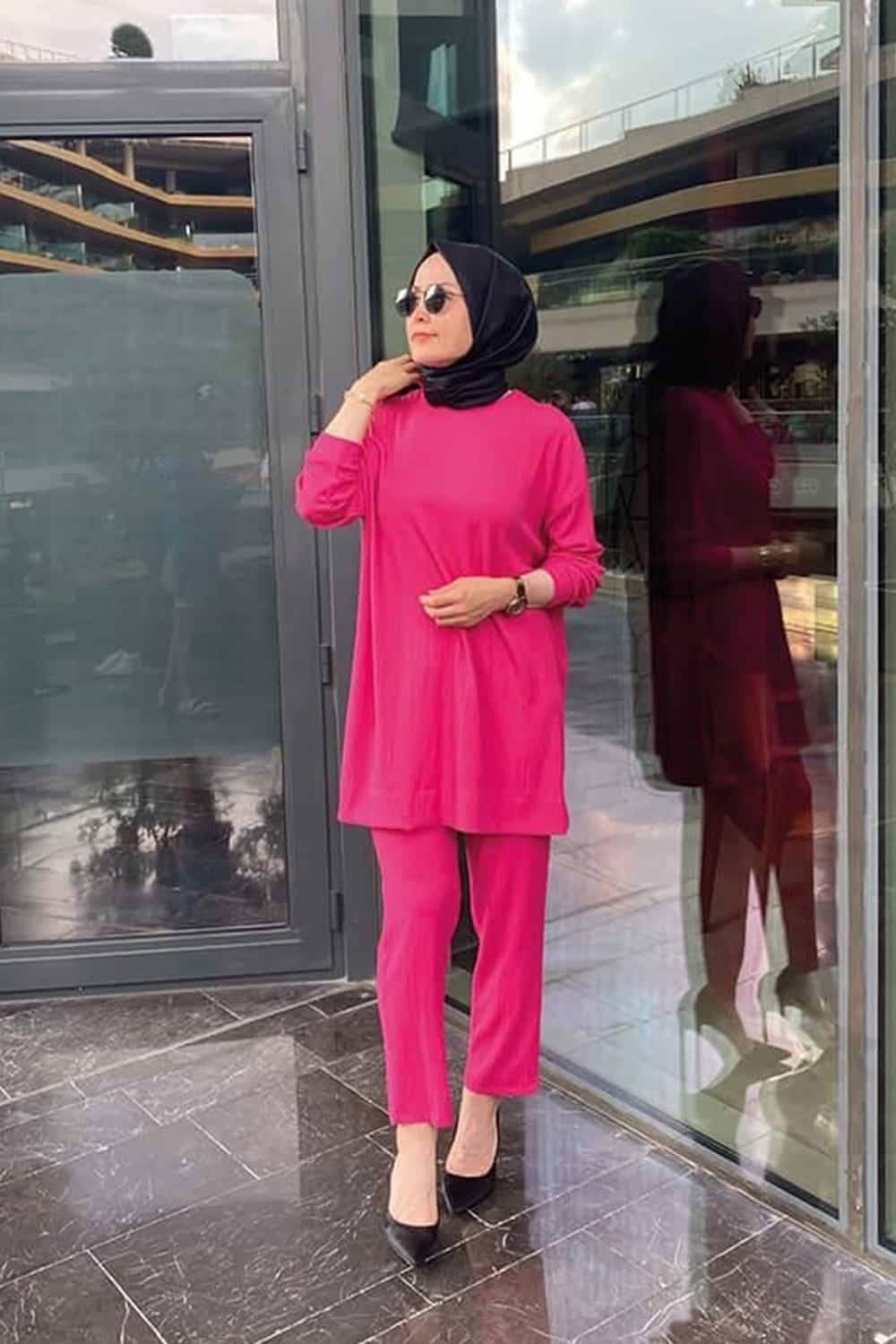 Gofre Düğmeli Takım - Pembe