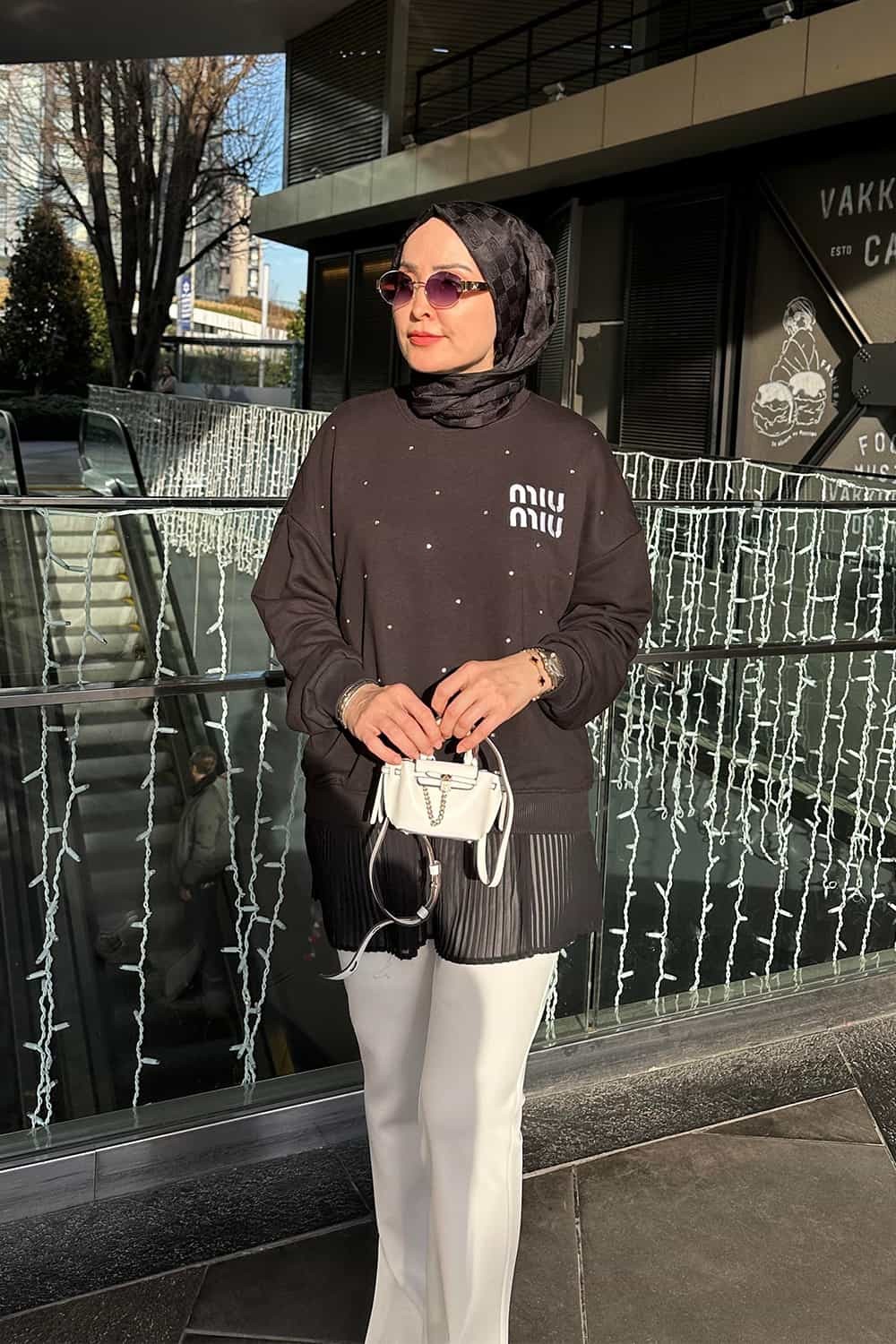 Miu Taşlı Premium Sweatshirt Siyah