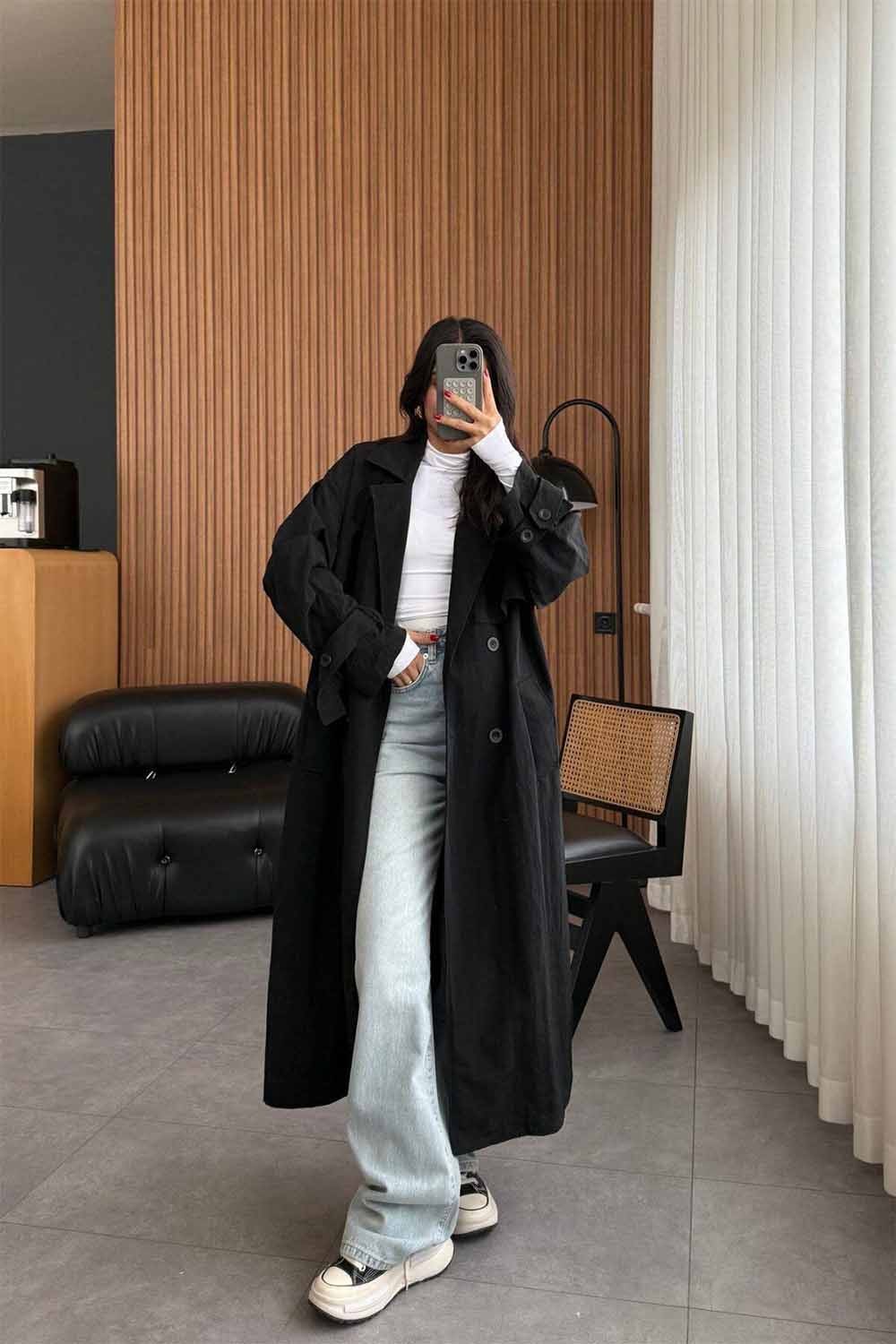 Oversize Trençkot - Siyah 