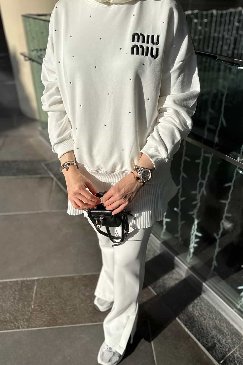 Miu Taşlı Premium Sweatshirt Beyaz