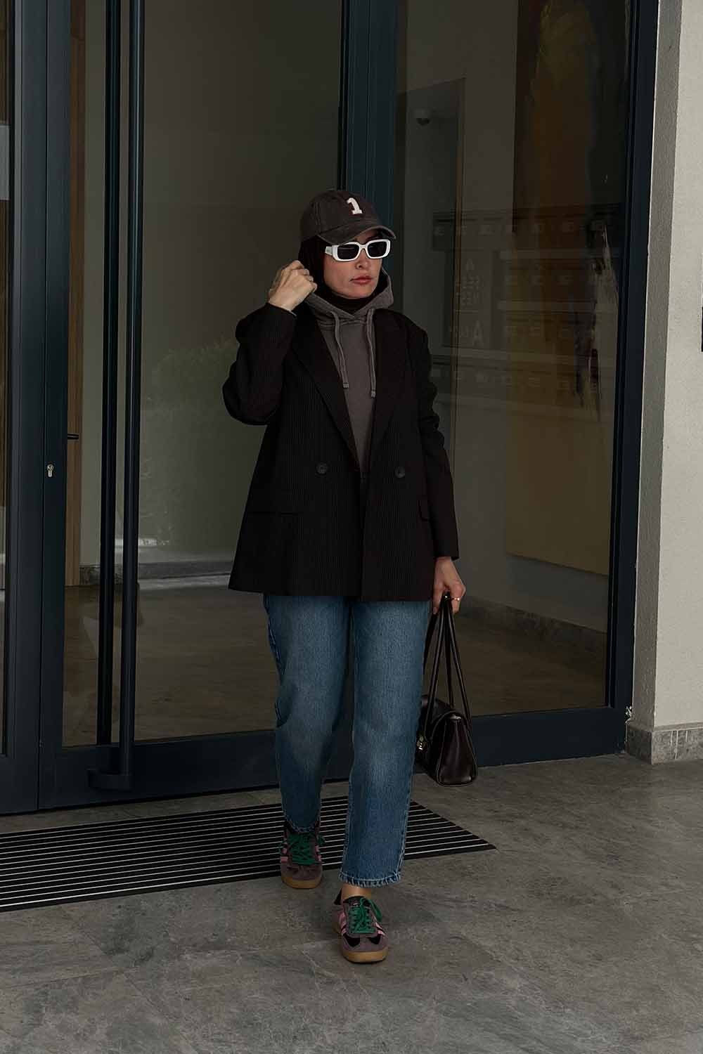 Çizgili Oversize Ceket - Kahverengi
