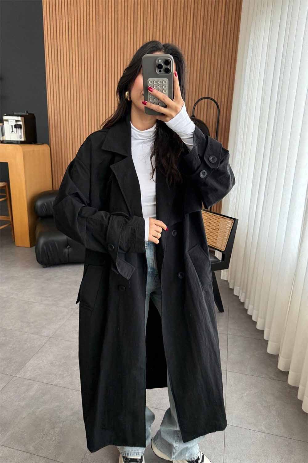 Oversize Trençkot - Siyah 