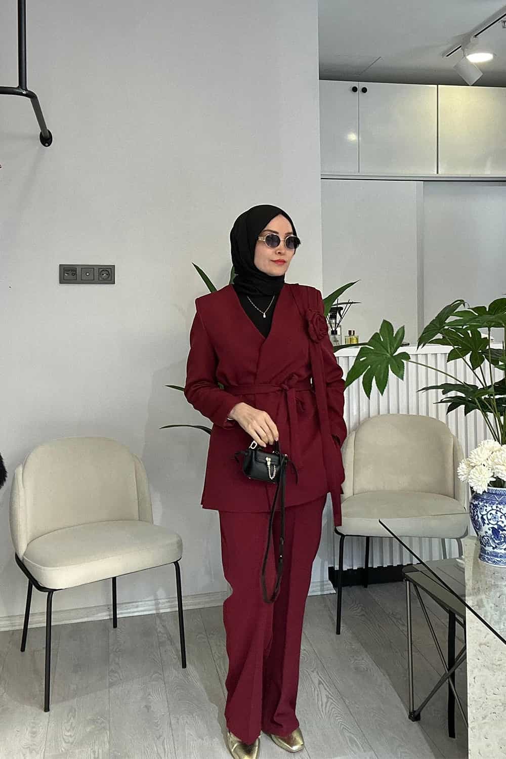 Gül Broşlu Blazer Takım - Bordo