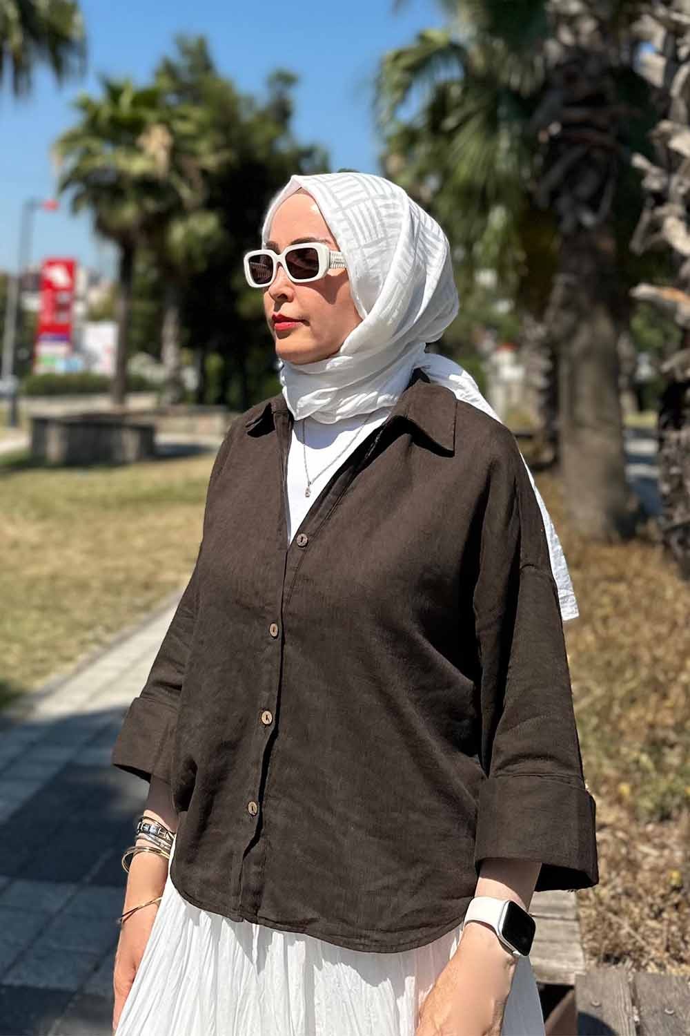 Geniş Kol Keten Gömlek - Kahverengi