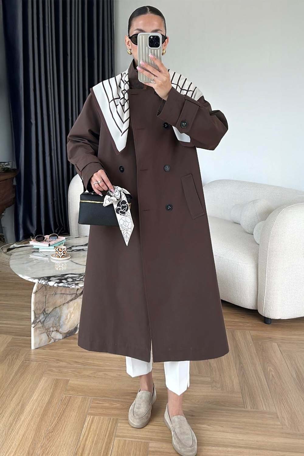 Fularlı Uzun Trençkot  - Acı Kahve