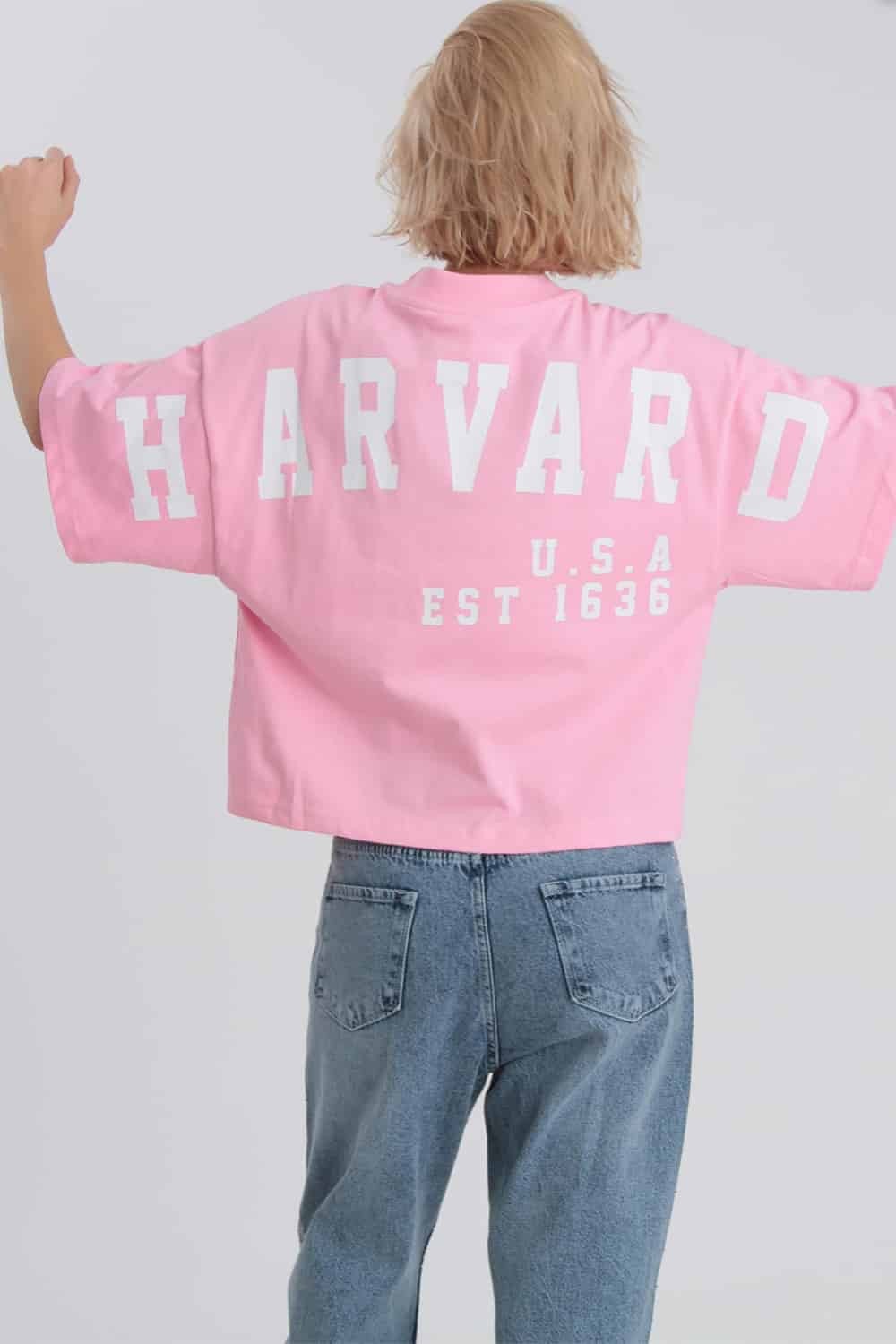 Harvard Baskılı Tişört / Ekru - Pembe