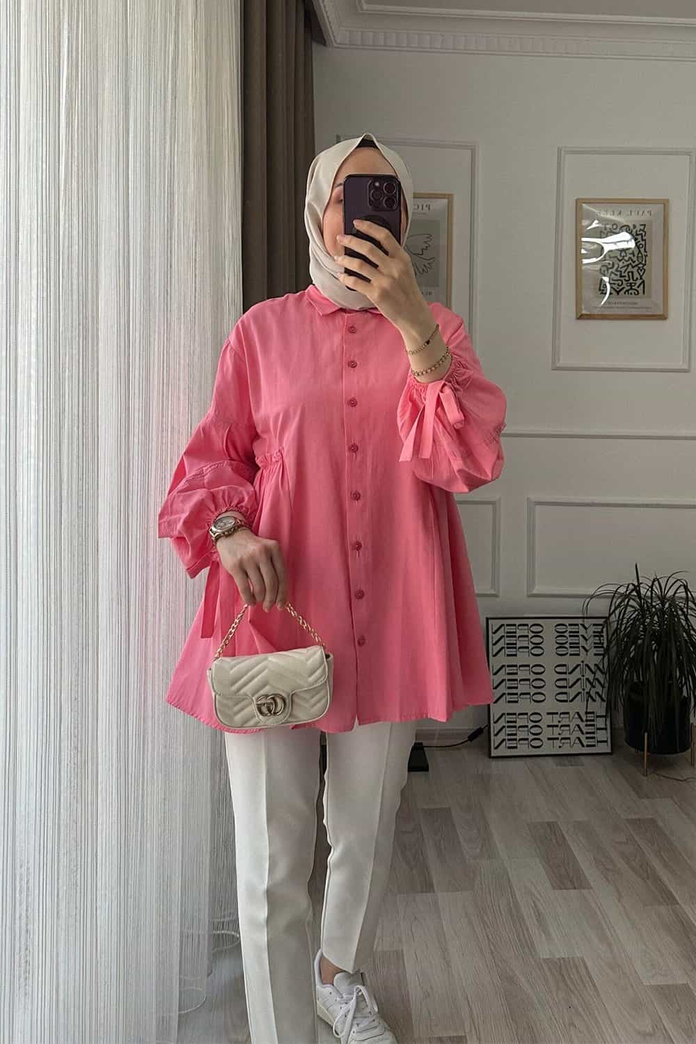 Yarım Pileli Ella Gömlek - Pembe