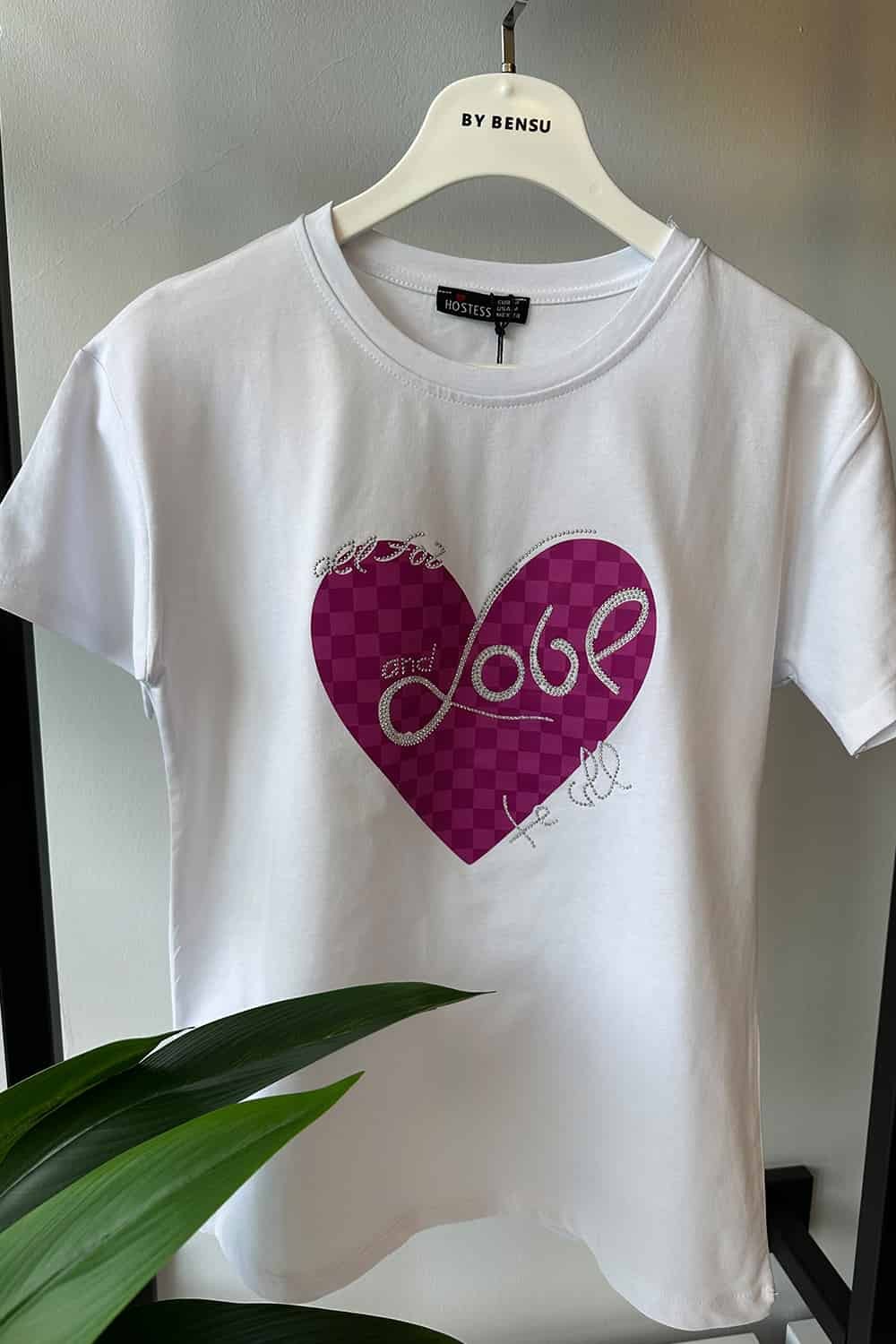 Tişört - Kalp Detaylı - 5 Renk - Pembe