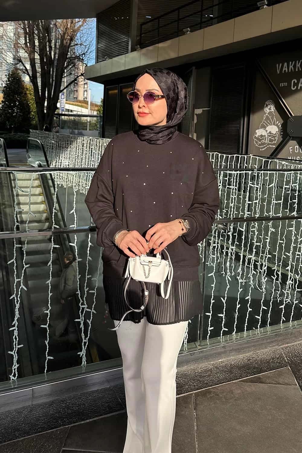 Taşlı Premium Sweatshirt Siyah