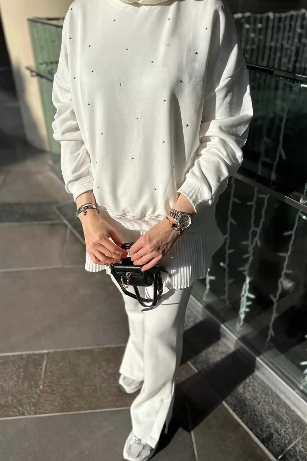 Taşlı Premium Sweatshirt Beyaz