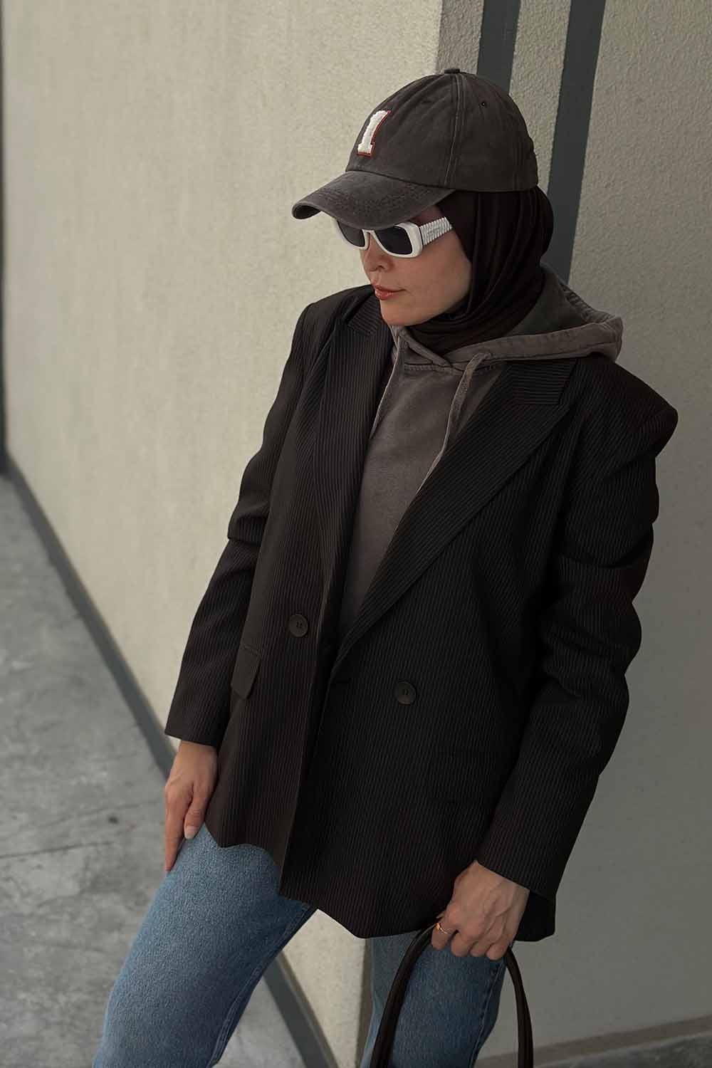 Çizgili Oversize Ceket - Kahverengi