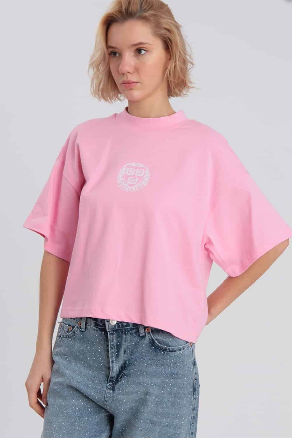 Harvard Baskılı Tişört / Ekru - Pembe
