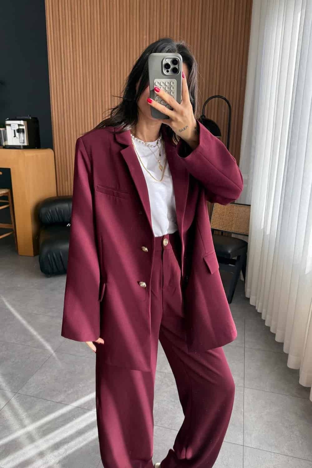 Arma Düğme Detaylı Blazer Ceket - Bordo