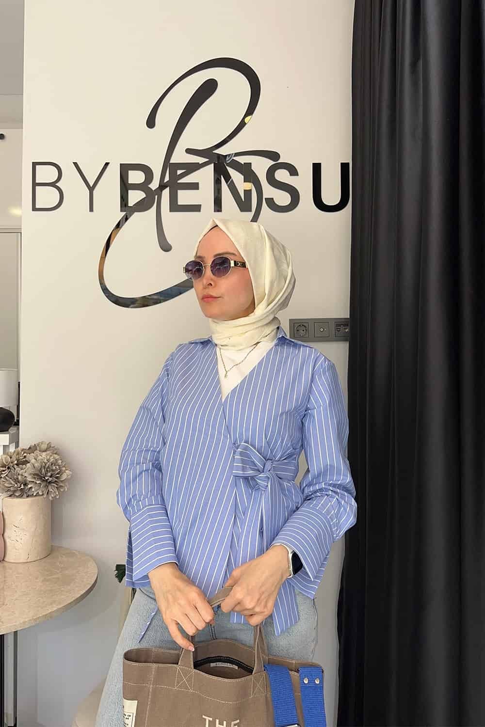 Kruvaze Bağlamalı Gömlek - Mavi beyaz ince çizgili