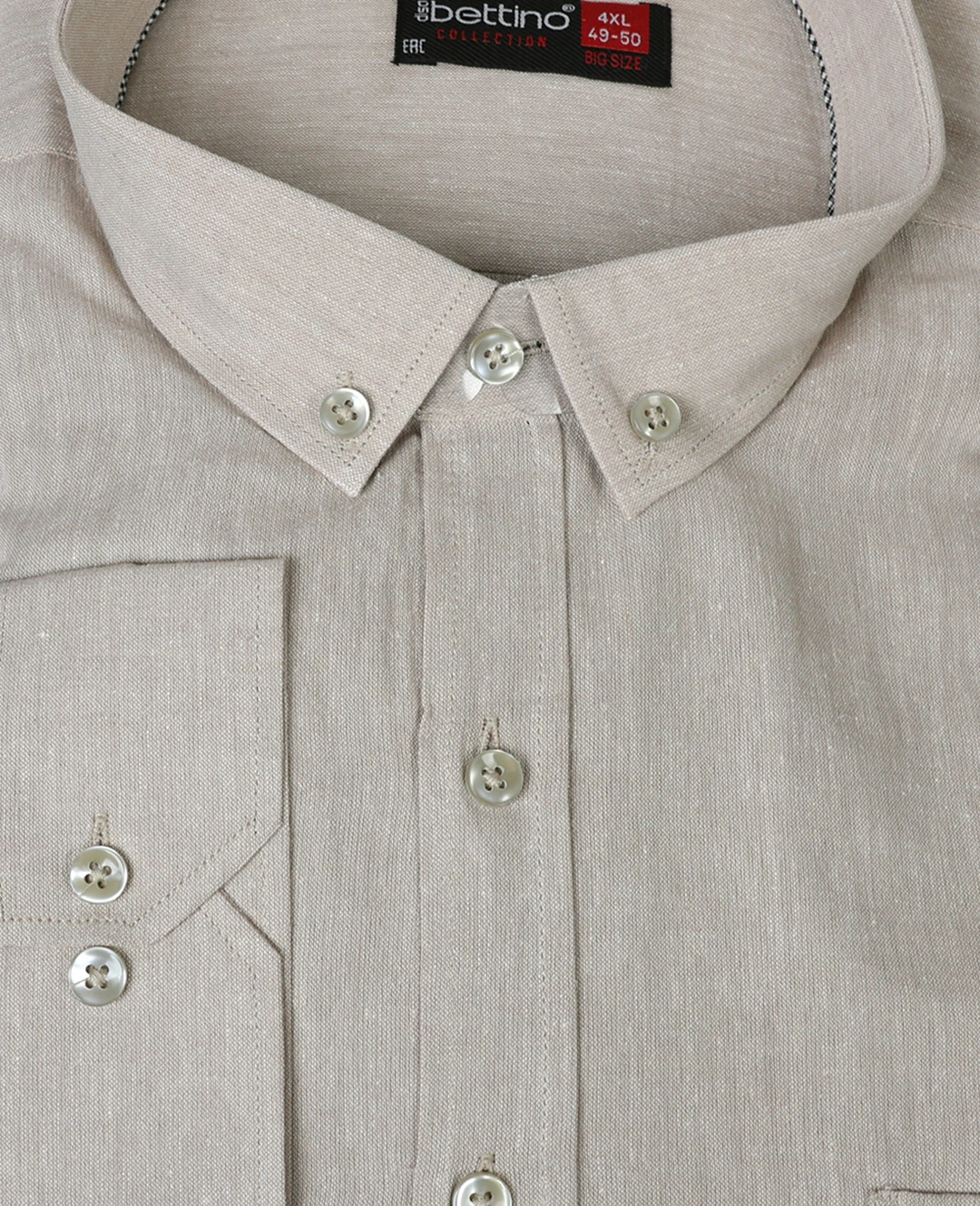 Büyük Beden Keten Gömlek Uzun Kol Düğme Yaka - Bej