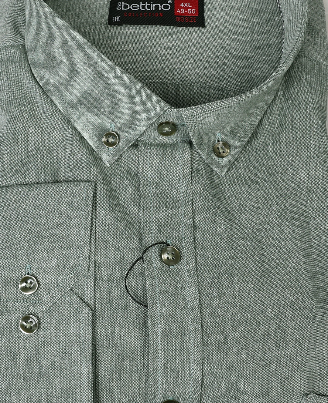 Büyük Beden Keten Gömlek Uzun Kol Düğme Yaka - Yeşil