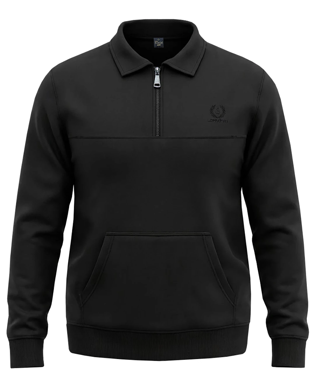 Kışlık Büyük Beden 3 iplik Yarım Fermuarlı Kanguru Cep Sweat - Siyah