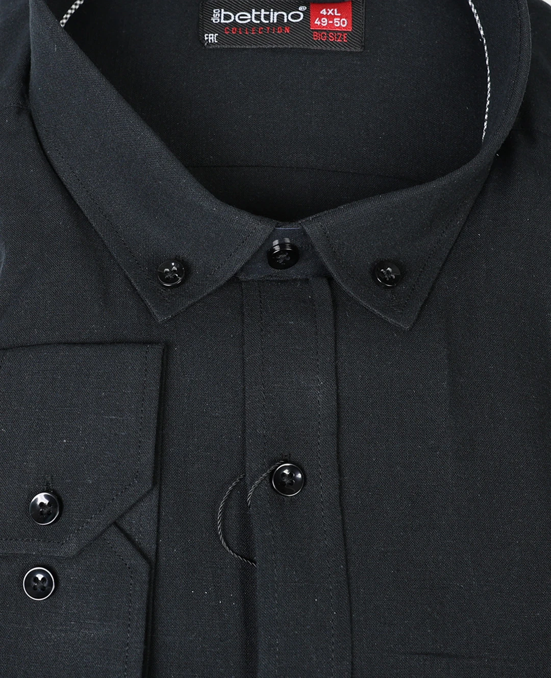 Büyük Beden Keten Gömlek Uzun Kol Düğme Yaka - Siyah