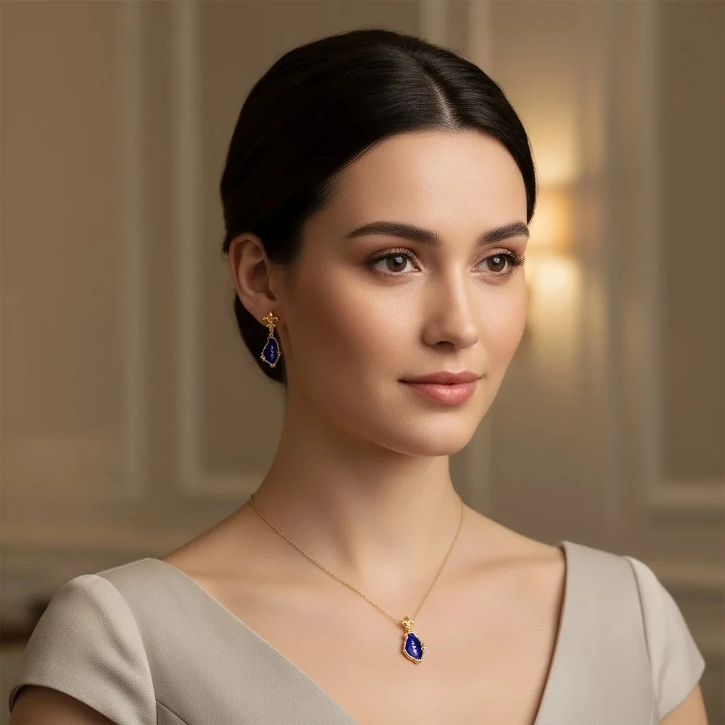 Özel Tasarım Mineli Altın Kolye Küpe Set