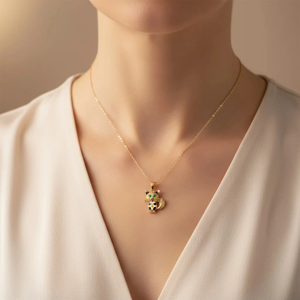 Mine İşlemeli Kedi Kolye