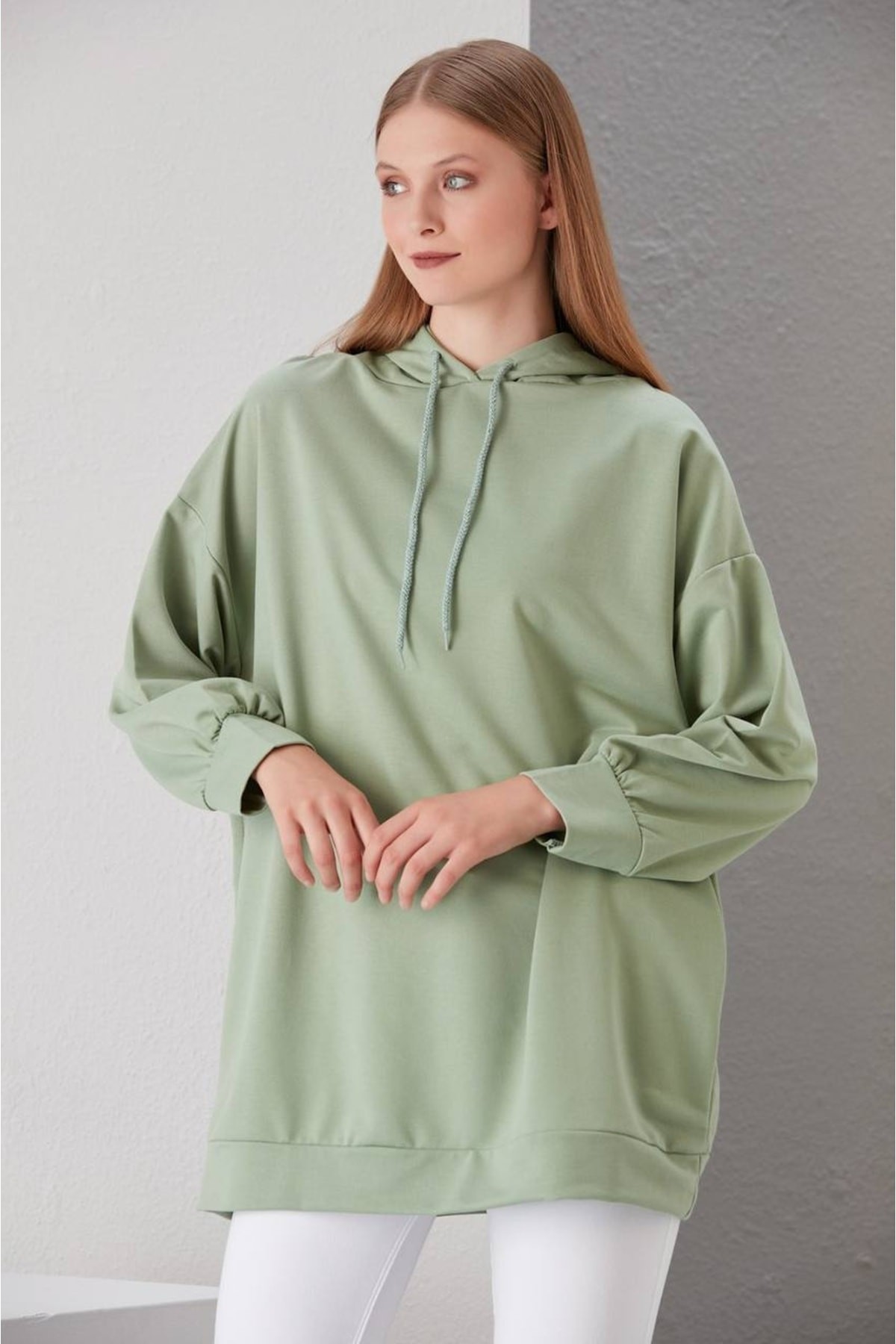 Su Yeşili Kapüşonlu Oversize Sweatshirt