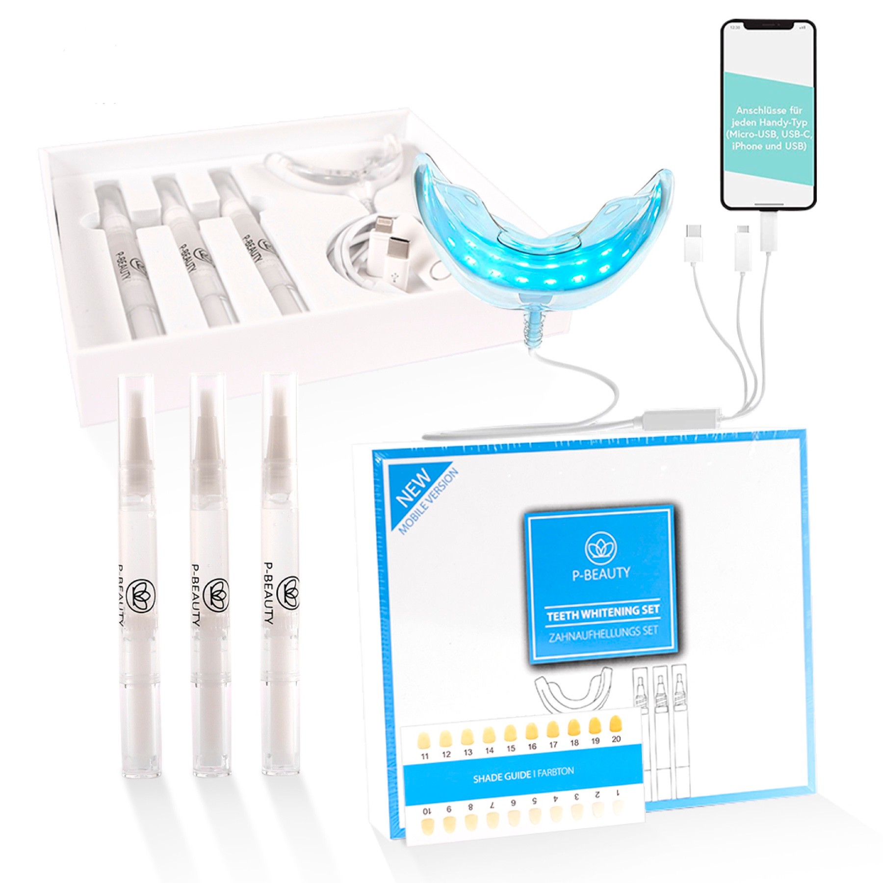 Zahnbleaching Set Hochwertiges Zahnaufhellung Set - All in One - Bleichsystem mit LED-Blaulicht - weiße Zähne - Teeth Whitening Bleaching Kit - für Zuhause und unterwegs - inklusive Zahnfarbskala