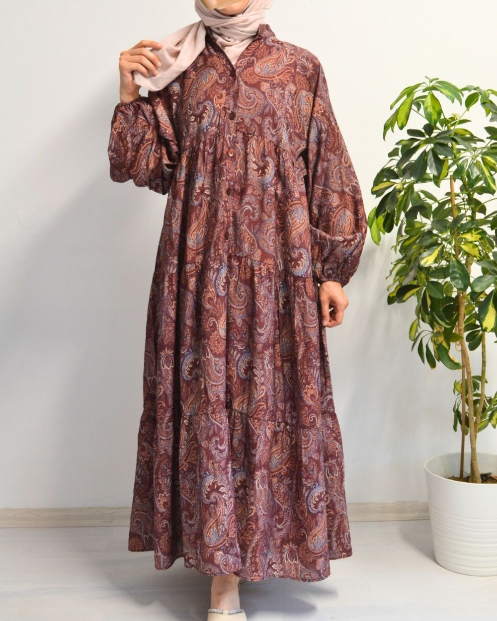 Kadın Modal Tesettür Elbise – Desenli – Rahat Kalıp – 135 cm Boy – 1-2 Beden