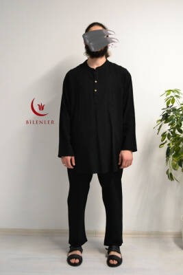 Afgan Model Pamuklu Keten Erkek Takım Siyah– Rahat Kalıp