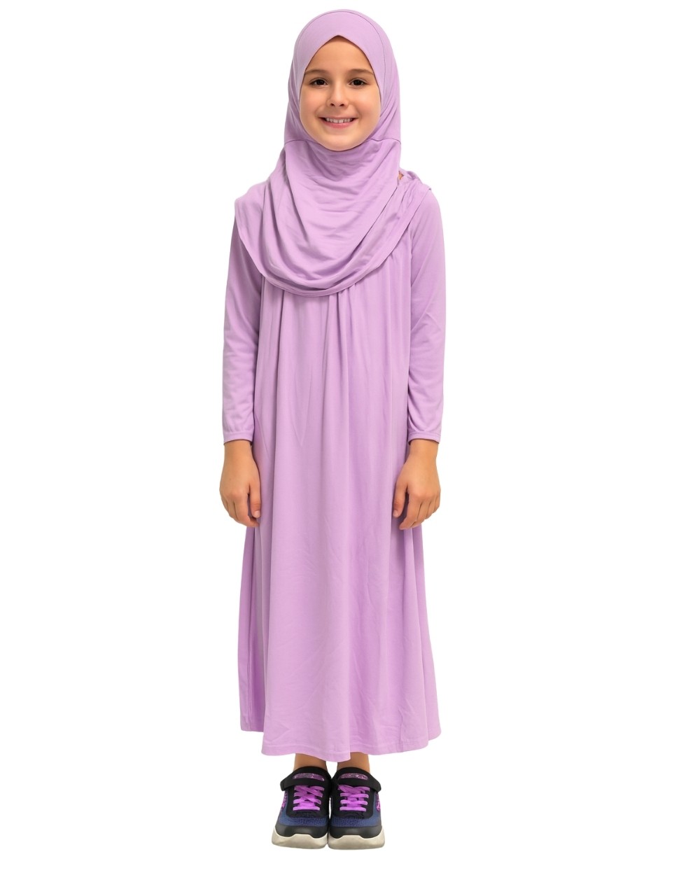 Penye Kendinden Başörtülü Çocuk Namaz Elbisesi Lila/ 6-7-8 yaş