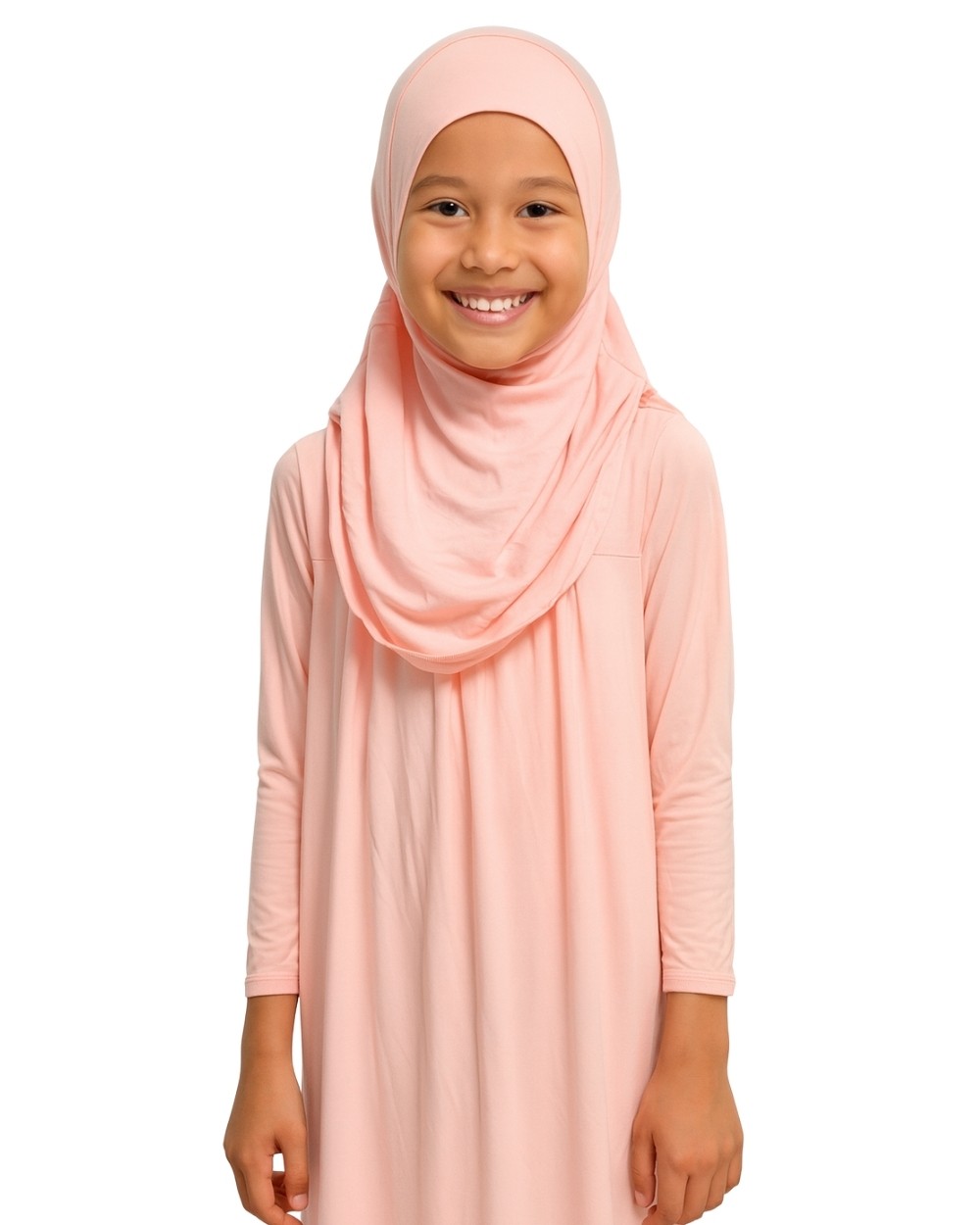 Penye Kendinden Başörtülü Çocuk Namaz Elbisesi Açık Pembe/ 6-7-8 yaş
