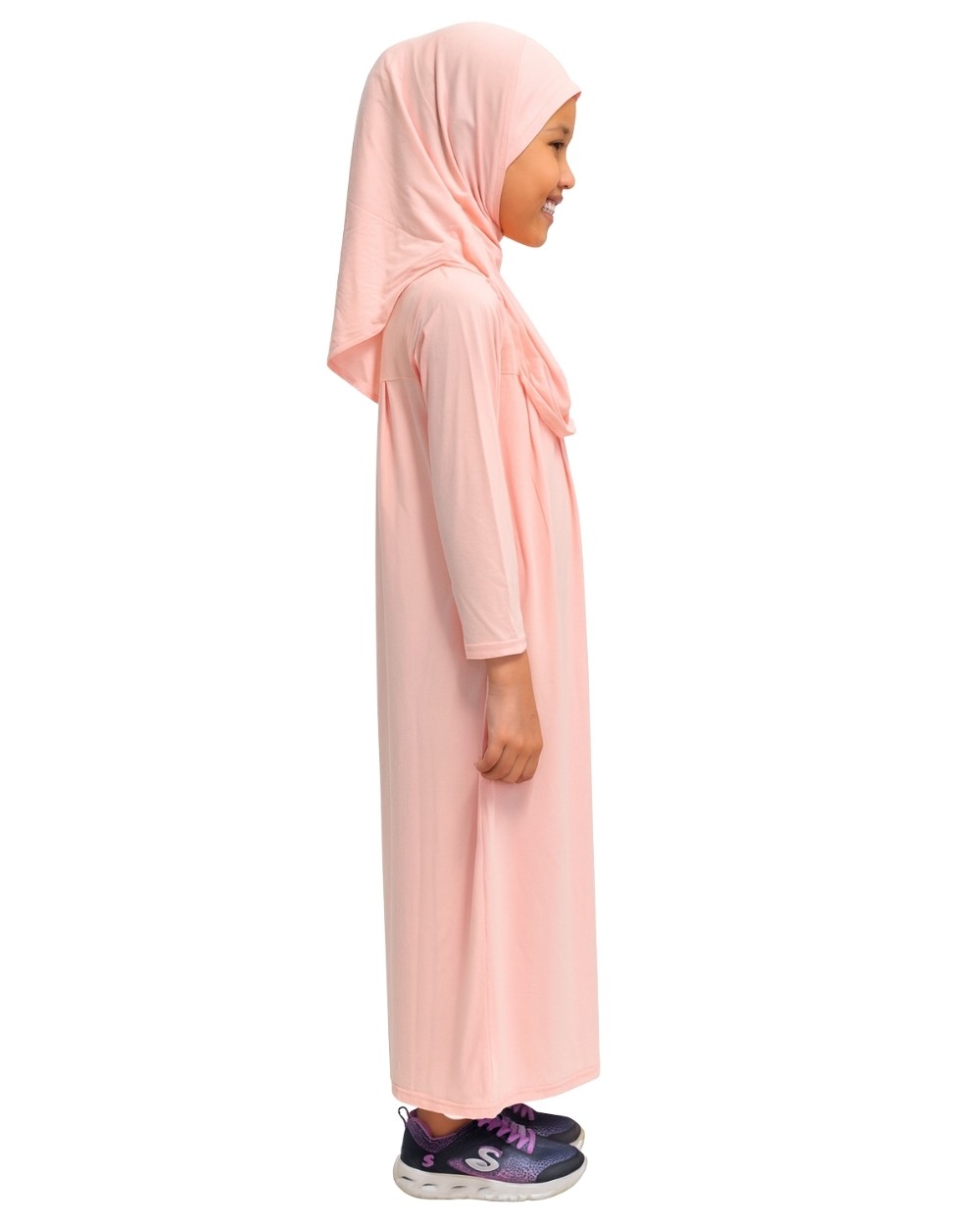 Penye Kendinden Başörtülü Çocuk Namaz Elbisesi Açık Pembe/ 6-7-8 yaş