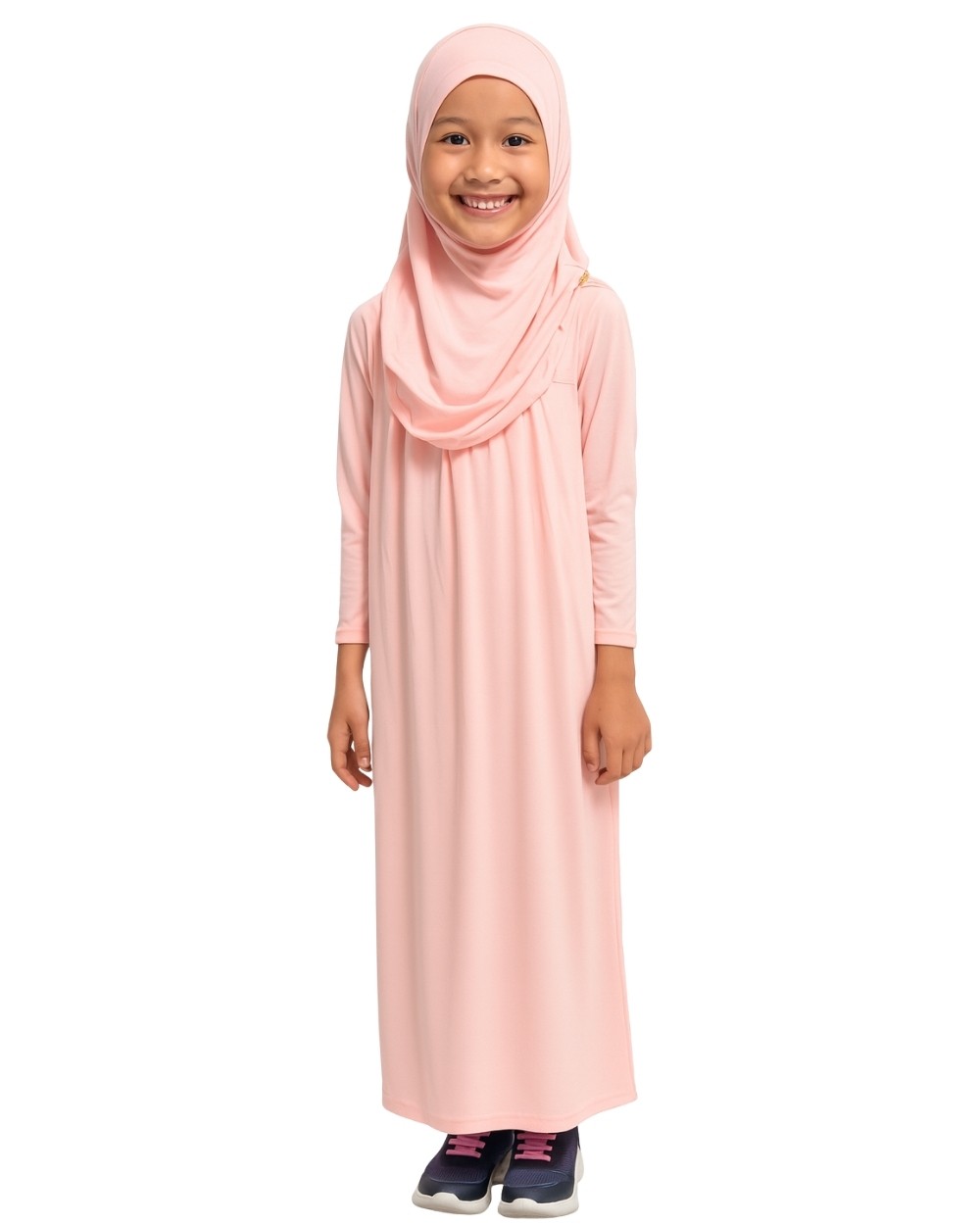 Penye Kendinden Başörtülü Çocuk Namaz Elbisesi Açık Pembe/ 6-7-8 yaş