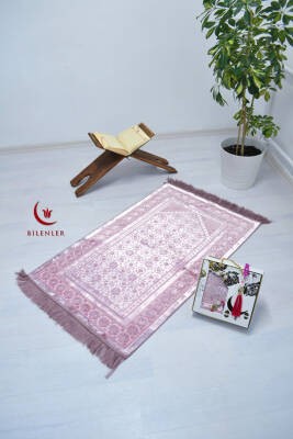 Özel Kutulu Hediyelik Lüks Kadife Dokuma Seccade ve Kristal Tesbih Seti Pembe
