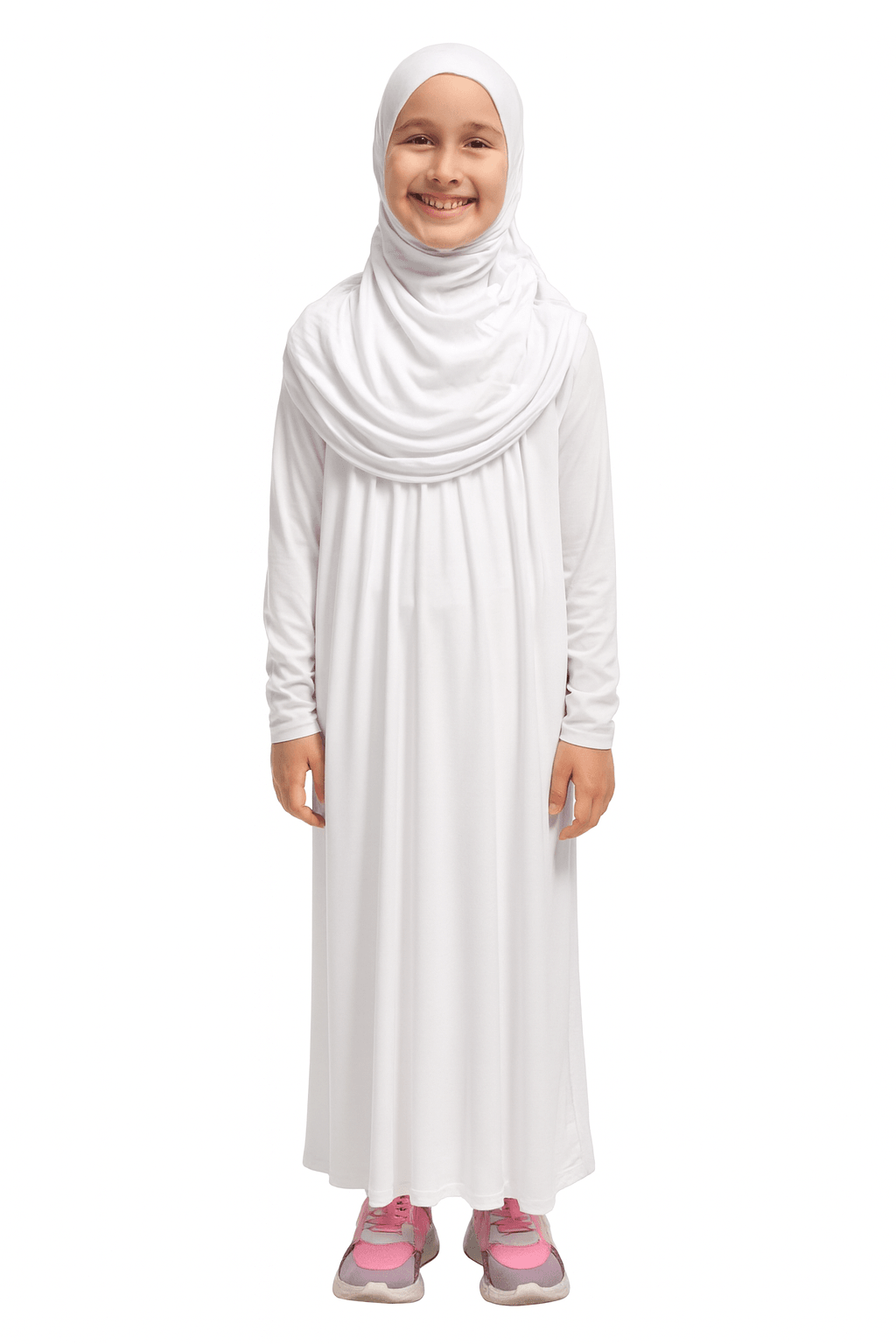 Penye Kendinden Başörtülü Çocuk Namaz Elbisesi – 9-10-11 yaş/110 cm| Kız Çocuk İçin Namaz Kıyafeti
