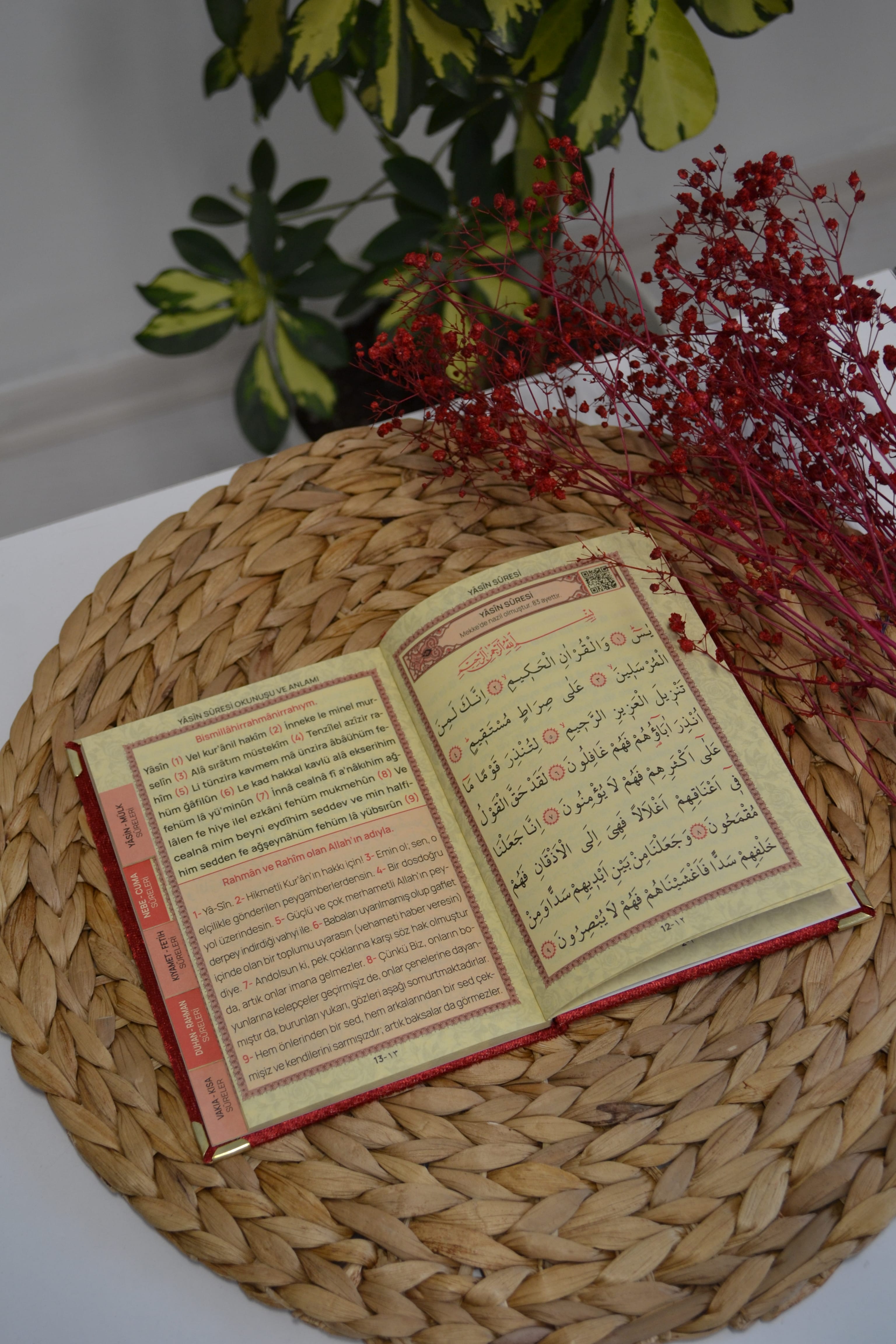 Kutulu 128 Sayfa Kadife Yasin ve İnci Tesbih Seti Kırmızı