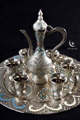 Hediyelik/ Sunumluk Osmanlı Motifli Nakışlı Gümüş Zemzem Takımı – 8 Parça