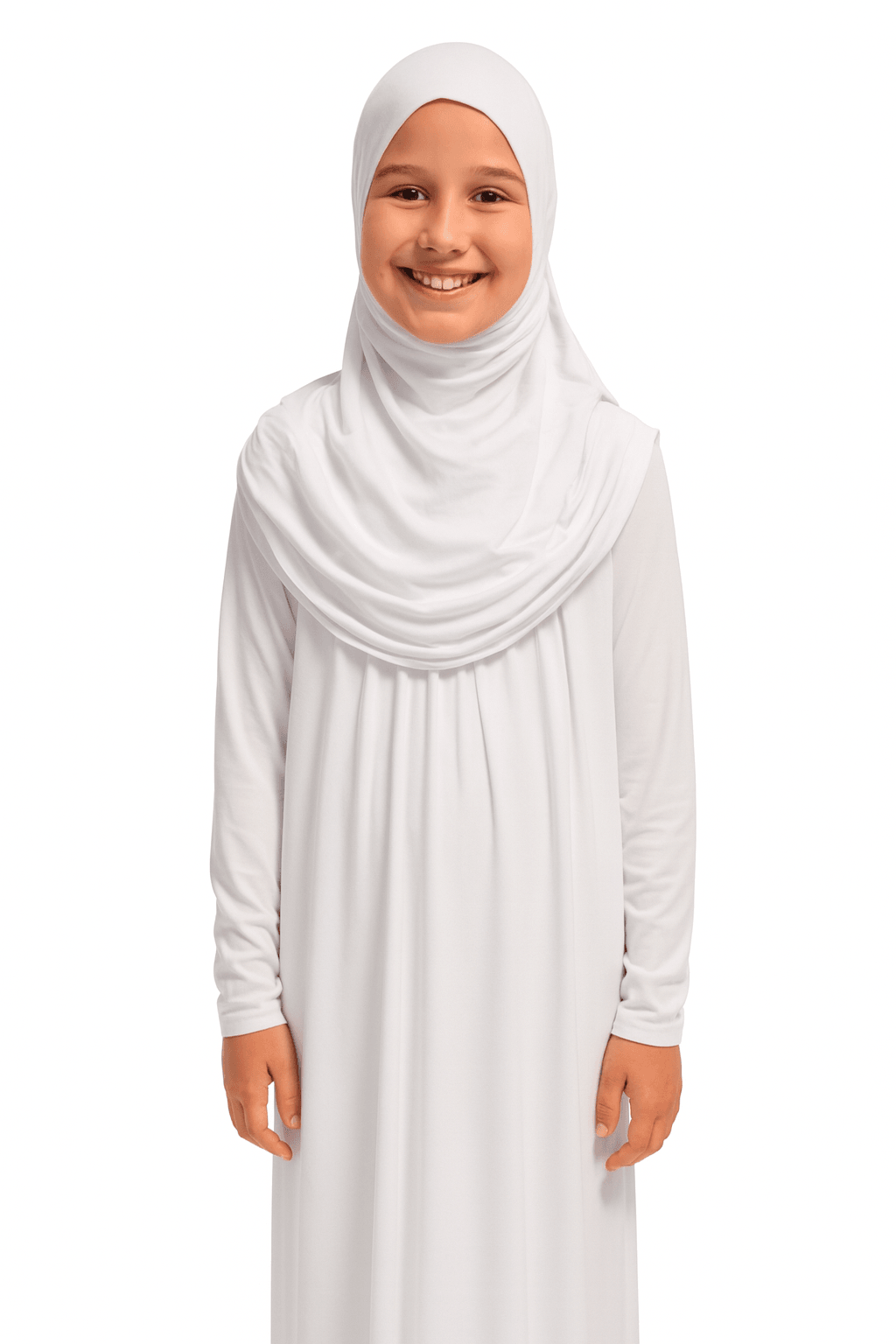 Penye Kendinden Başörtülü Çocuk Namaz Elbisesi – 9-10-11 yaş/110 cm| Kız Çocuk İçin Namaz Kıyafeti