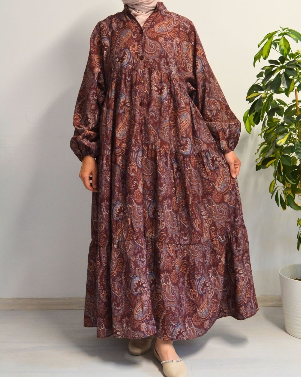 Kadın Modal Tesettür Elbise – Desenli – Rahat Kalıp – 135 cm Boy – 1-2 Beden