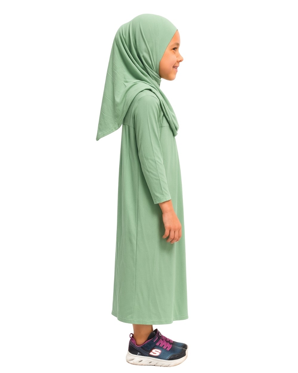 Penye Kendinden Başörtülü Çocuk Namaz Elbisesi Açık Yeşil/ 6-7-8 yaş
