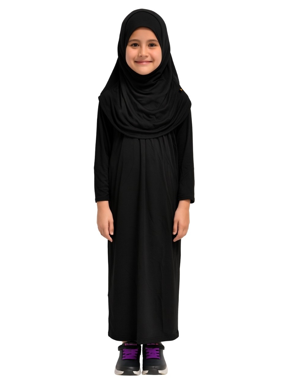 Penye Kendinden Başörtülü Çocuk Namaz Elbisesi Siyah/ 6-7-8 yaş