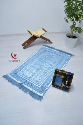 Özel Kutulu Hediyelik Lüks Kadife Dokuma Seccade ve Kristal Tesbih Seti Koyu Mavi