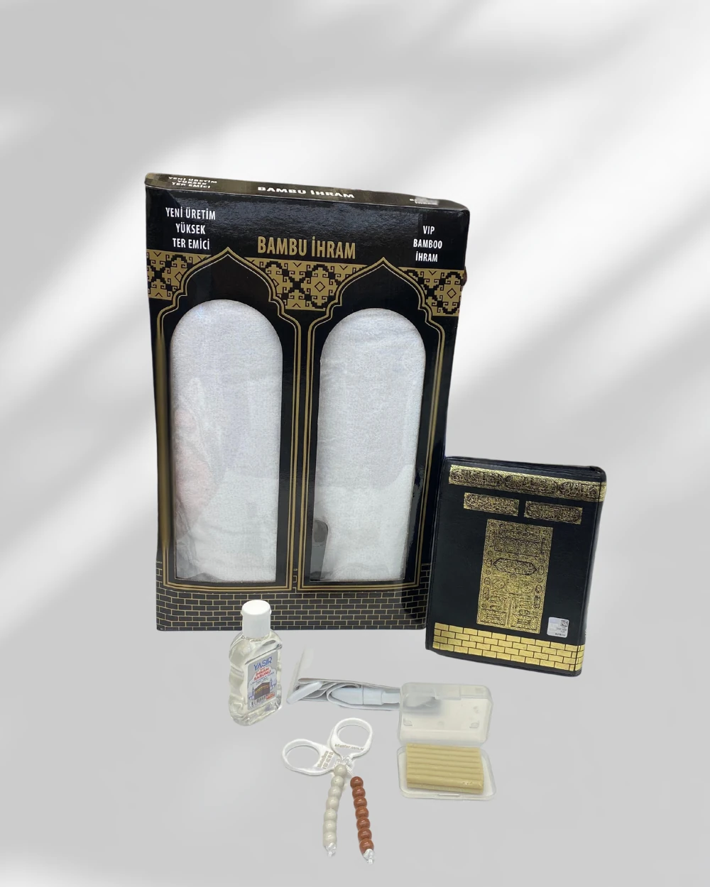 Hac Umre Seti Model 1 – Kuran-ı Kerim, Bambu İhram,İhram Kemeri, Sıvı ve Katı Sabun, 2 Adet Tavaf Tesbihi