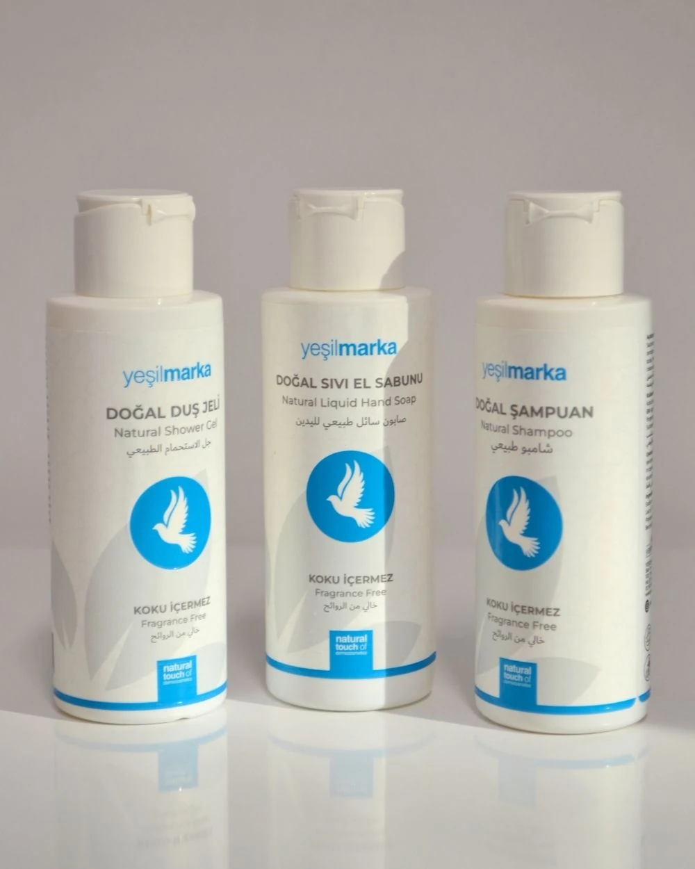 Kokusuz Doğal Duş Jeli, Şampuan ve Sıvı Sabun Seti – 100 ml, Hac ve Umre İçin Uygun, Hassas Ciltlere Özel