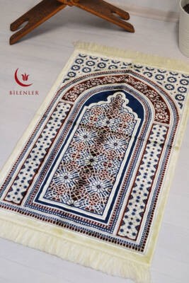 Lüks Kadife Seccade - 70x110 cm - Kalın Yumuşak Doku-Mihrap Desen Lacivert