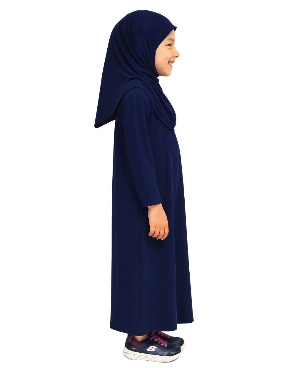 Penye Kendinden Başörtülü Çocuk Namaz Elbisesi Lacivert/ 6-7-8 yaş
