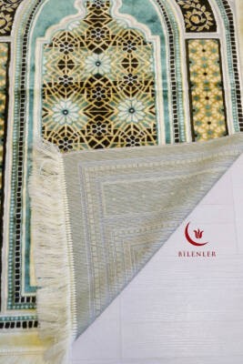 Lüks Kadife Seccade - 70x110 cm - Kalın Yumuşak Doku-Mihrap Desen Su Yeşili
