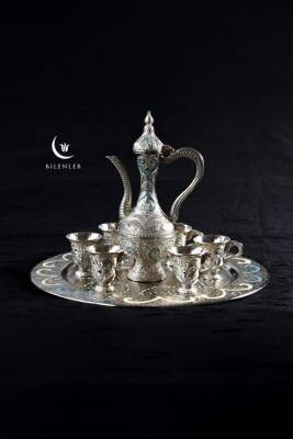 Hediyelik/ Sunumluk Osmanlı Motifli Nakışlı Gümüş Zemzem Takımı – 8 Parça