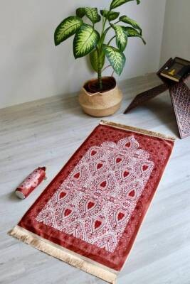 Rumi Desenli İpek Dokulu Keseli Seccade Kırmızı Renk