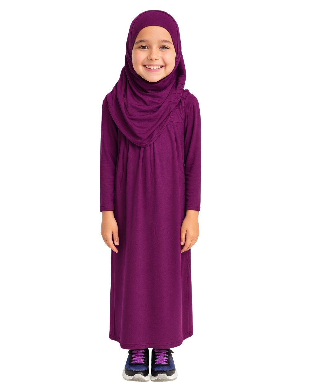 Penye Kendinden Başörtülü Çocuk Namaz Elbisesi Mor/ 6-7-8 yaş