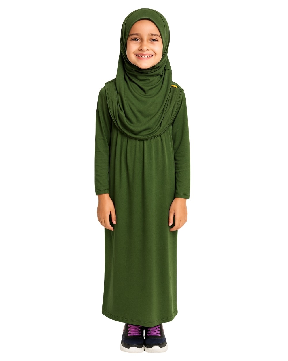 Penye Kendinden Başörtülü Çocuk Namaz Elbisesi Yeşil/ 6-7-8 yaş